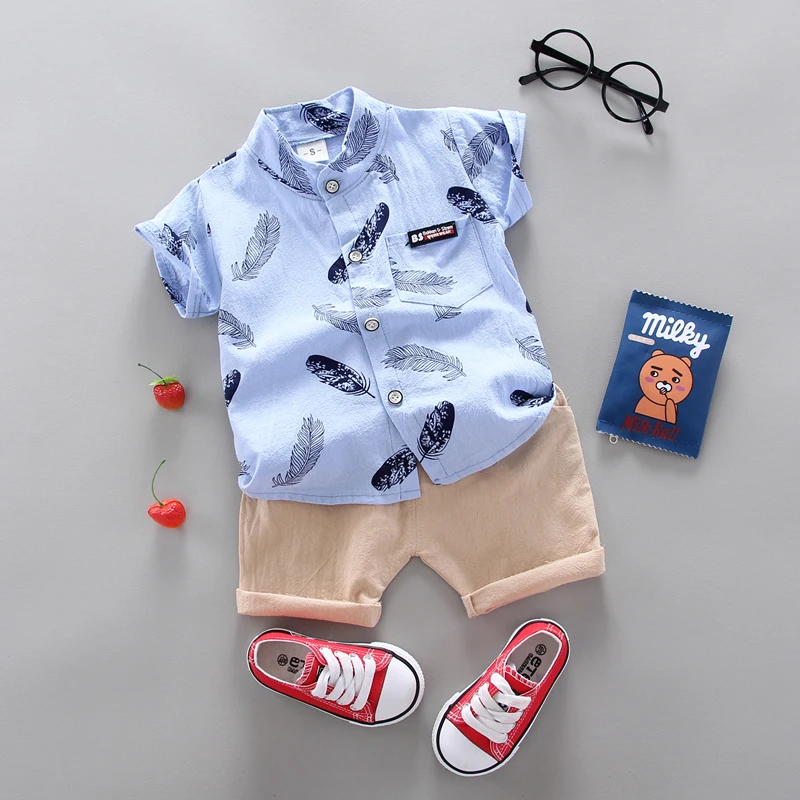 Color: Pink, Kid Size: 12M - 0-3 Year Old Baby Summer Feather Print Shirt Short Sleeve Suit