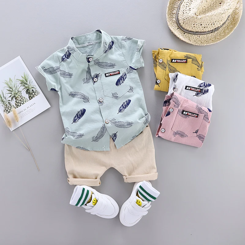 Color: Pink, Kid Size: 12M - 0-3 Year Old Baby Summer Feather Print Shirt Short Sleeve Suit
