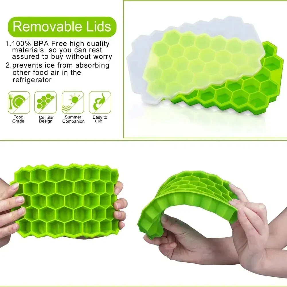 Color: Green - 37 Cavity Honeycomb Ice Cube Trays Reusable Silicone Ice Cube Mold BPA Free Ice Maker with Removable Lids