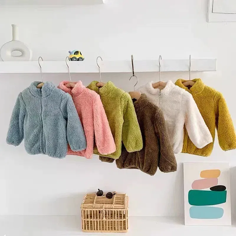 Color: SKY BLUE, Kid Size: 18M - Child Autumn Winter Costume Solid Color Outerwear Casual Loose Long Sleeve Tops Plush Jacket Boys Girls Fashion Simple Coats
