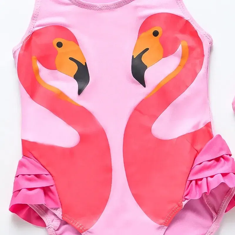 Size: L, Color: Pink - Summer Girls Swimsuit Children Korean Cartoon One-piece Children Hot Spring Triangle Set With Swimming Cap