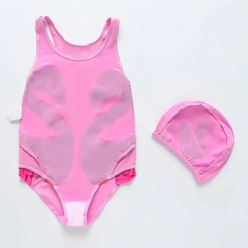 Size: L, Color: Pink - Summer Girls Swimsuit Children Korean Cartoon One-piece Children Hot Spring Triangle Set With Swimming Cap