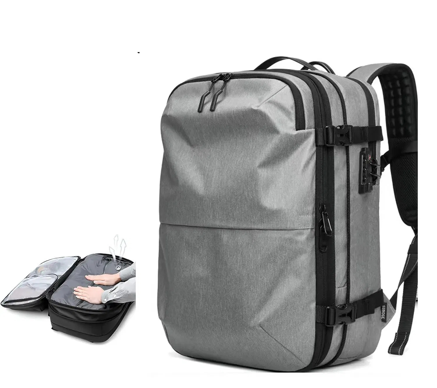 Color: Beige - Airback Vacuum Compression Backpack with Vacuum Pump 60L Expandable Travel Backpack for Men Women Airline Approved Business Bag