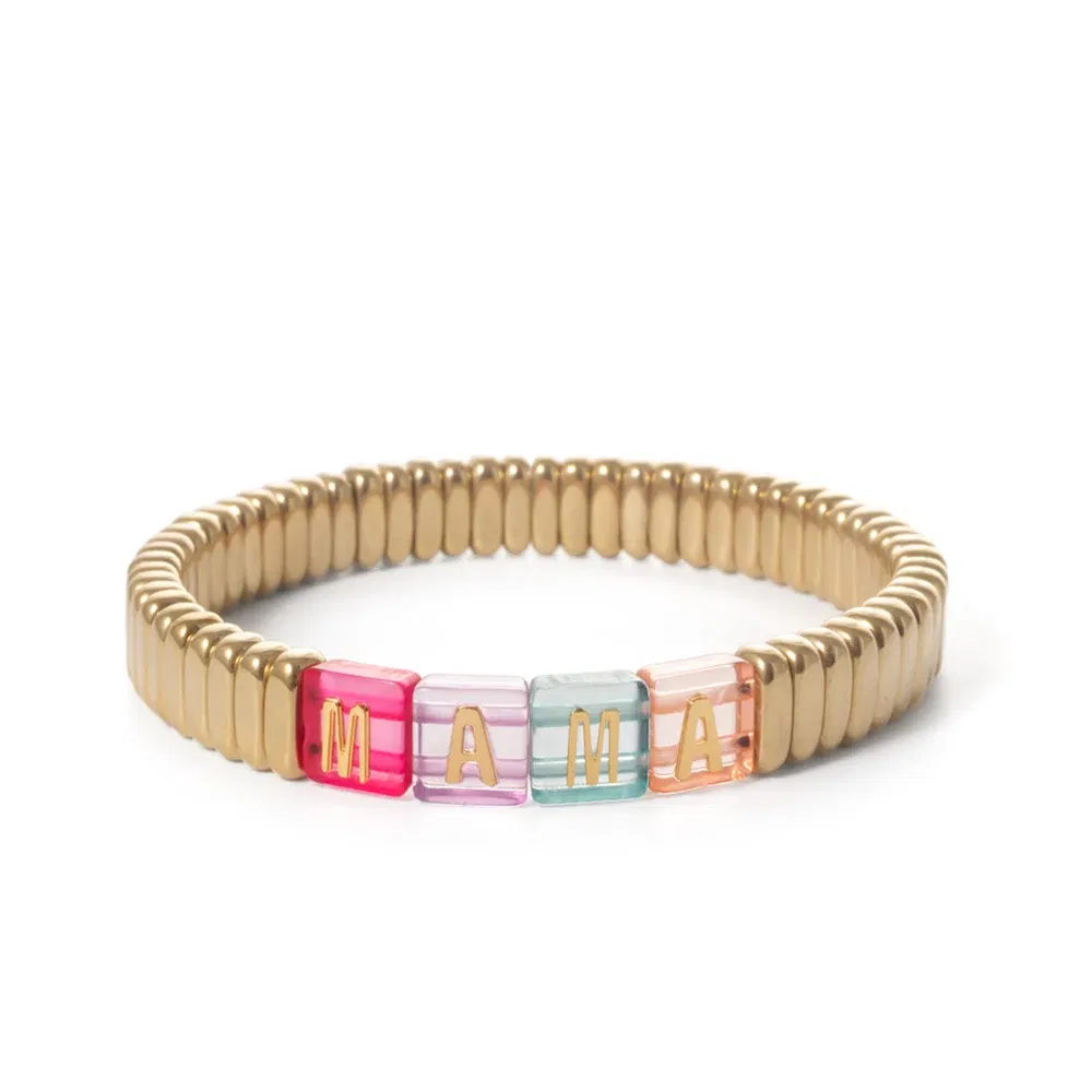 Metal Color: SILVER PLATED, Ships From: CHINA - Wholesale Gold Silver Color Elastic Bracelets Handmade Letter Charms Bracelets For Women 2X8MM Beads Bracelets Bohemain Jewelry