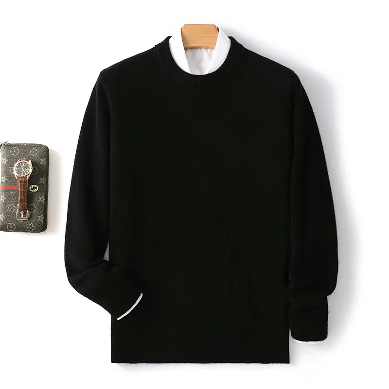 Color: black, Size: M, Ships From: CHINA - Men's 100% Pure Wool Cashmere Sweater O-Neck Pullover Knit Sweater Autumn and Winter New Long Sleeve High-End Jumpers Thick Tops