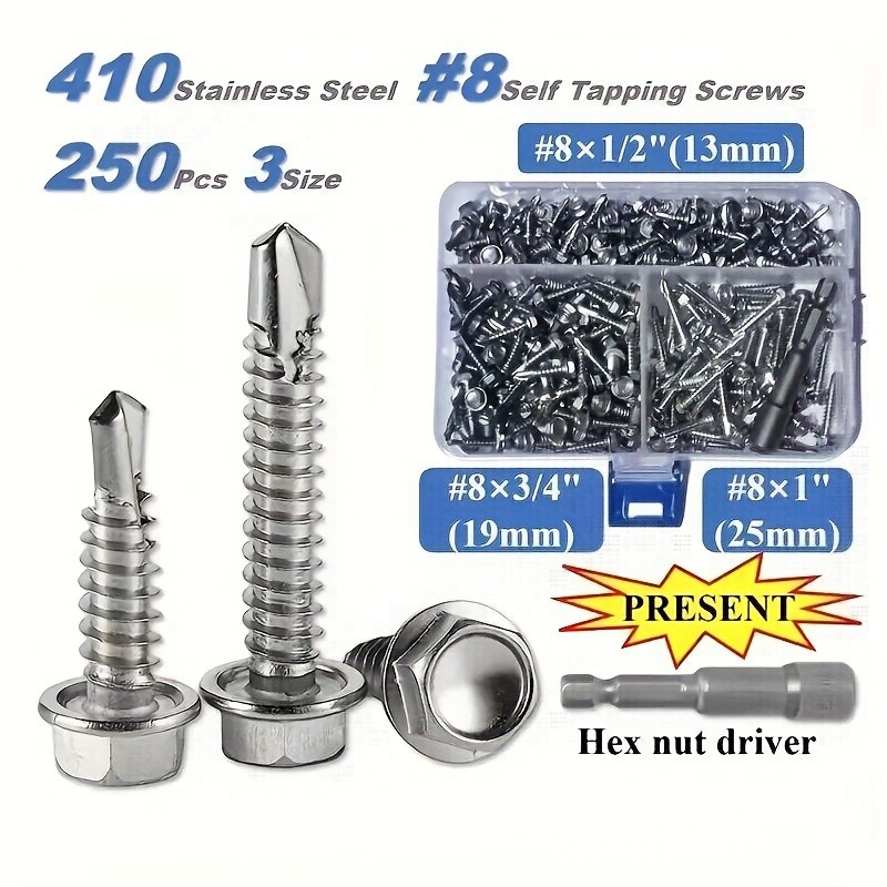250pcs 410 Stainless Steel #8 Self-Tapping TEK Screws Assortment Kit Hexagon Self-Drilling Screws for Metal, Furniture, Building & Repairing with Hex Washer Head, Includes Hex Nut Driver