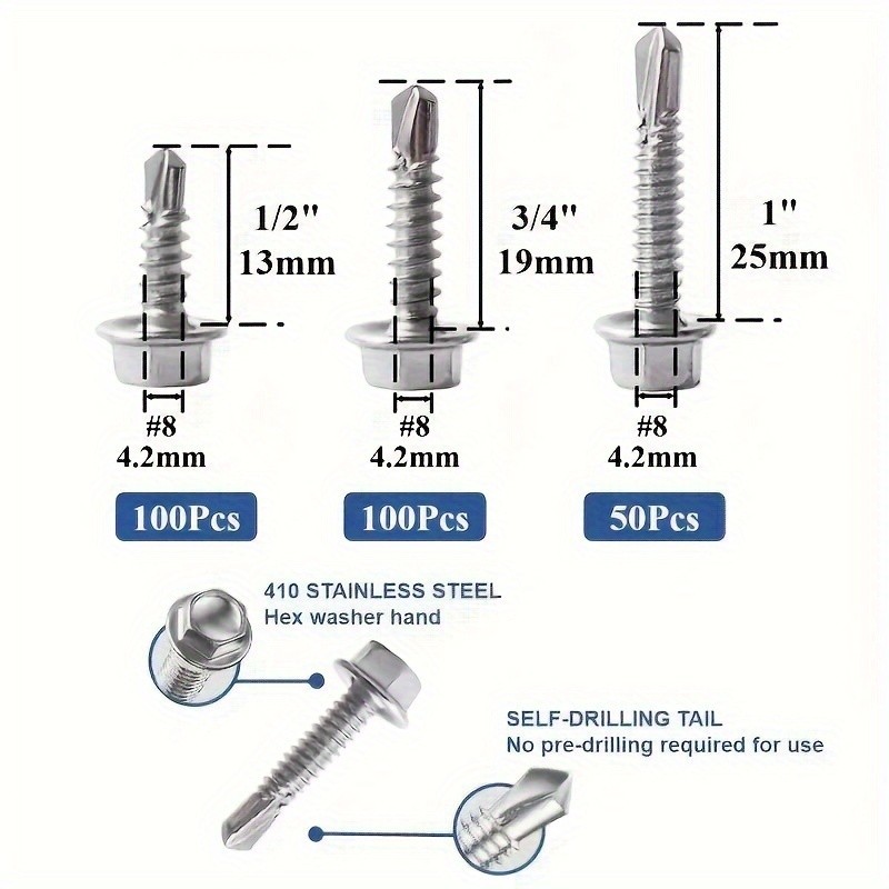 250pcs 410 Stainless Steel #8 Self-Tapping TEK Screws Assortment Kit Hexagon Self-Drilling Screws for Metal, Furniture, Building & Repairing with Hex Washer Head, Includes Hex Nut Driver
