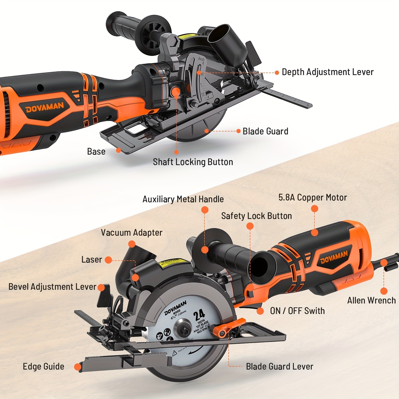 MCS01A Circular Saw, 5.8A 4-1/2" Circular Saw W/Laser, Metal Auxiliary Handle, 6 Saw Blades (4", 4"), Cutting Depth 1-11/16" (90), 1-3/8" (45), Ideal For Wood, Soft Metal, Plastic, Tile