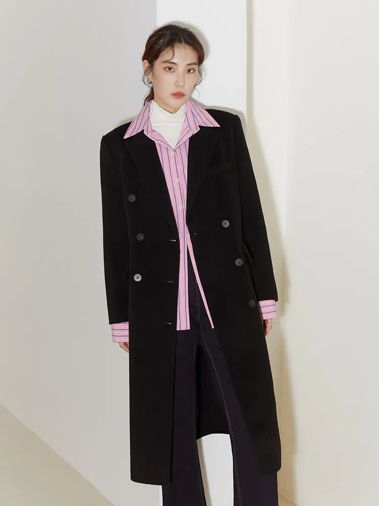 Color: camel, Size: L - DUSHU Women Long Woolen Coats British Style Suit Collar Wool Jacket Women Brown Plaid Wool Coats