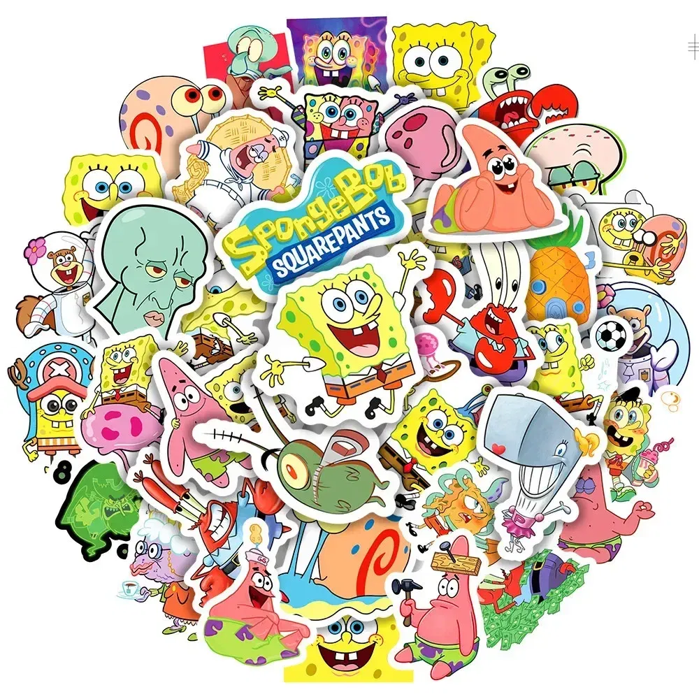 Color: Brown - 50pcs Variety of Cartoon and Anime Cute SpongeBob SquarePants Paistar Kids Waterproof Graffiti Stickers