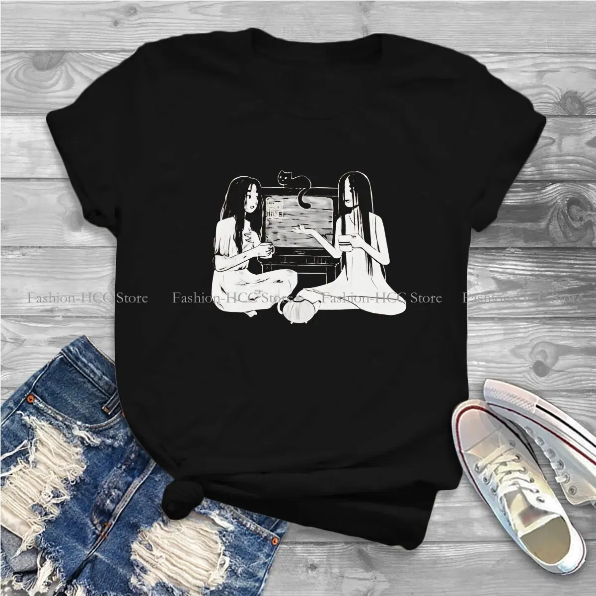 Color: black, Size: XXL - Sadako And Kayako Tea Time Newest Polyester TShirts Ju On The Grudge Movie Momen Graphic Tops T Shirt O Neck