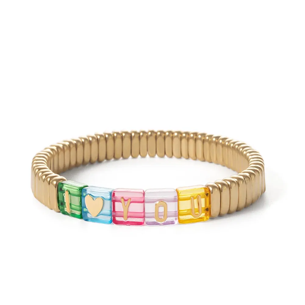 Metal Color: Gold-color, Ships From: CHINA - Wholesale Gold Silver Color Elastic Bracelets Handmade Letter Charms Bracelets For Women 2X8MM Beads Bracelets Bohemain Jewelry