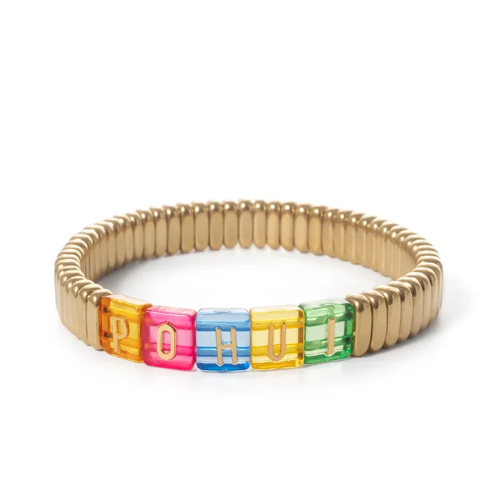 Metal Color: Gold-color, Ships From: CHINA - Wholesale Gold Silver Color Elastic Bracelets Handmade Letter Charms Bracelets For Women 2X8MM Beads Bracelets Bohemain Jewelry