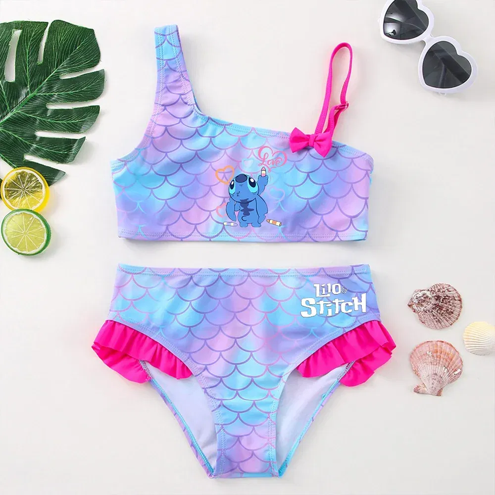 Color: APRICOT, Size: L - Lilo Stitch Girls Swimsuit One-Piece Bathing Suits Children's Dresses Summer Swimwear Beach Suit Kids Wear Fashion Mermaid Fish