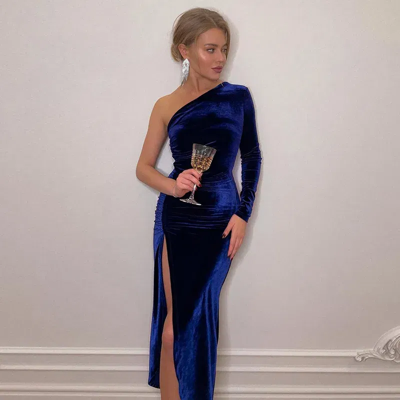 Color: Blue, Size: S - Women Elegant Long Sleeve Party Evening Velvet Bodycon Split Pencil Midi Dress Spring Autumn Clothes