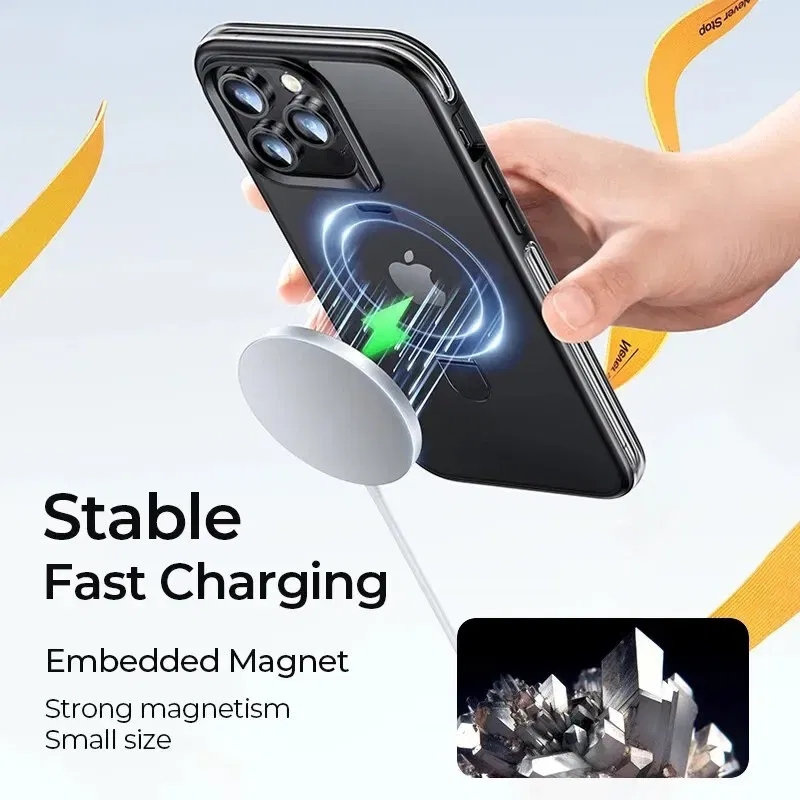 Material: PC, Color: Black - Joyroom Magnetic Case With Holder for iPhone 15 14 13 Pro Max Case Frosted Ring Holder Phone Cover Wireless Charger Magnet Cover