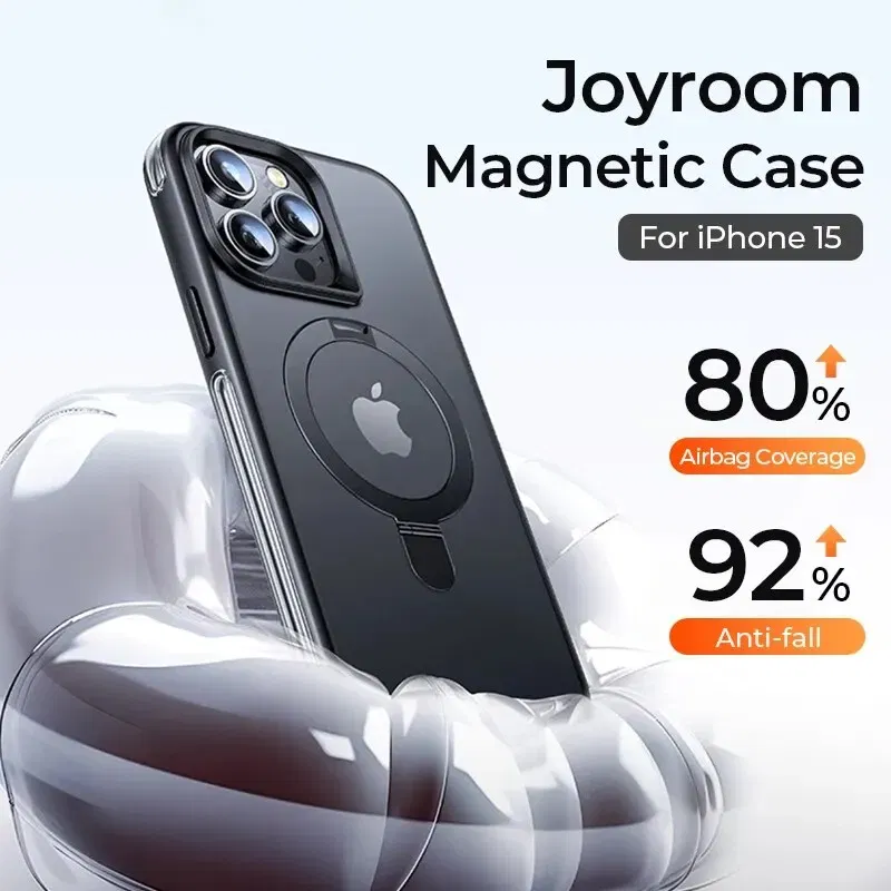 Material: PC, Color: Black - Joyroom Magnetic Case With Holder for iPhone 15 14 13 Pro Max Case Frosted Ring Holder Phone Cover Wireless Charger Magnet Cover