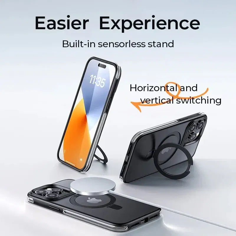 Material: PC, Color: Black - Joyroom Magnetic Case With Holder for iPhone 15 14 13 Pro Max Case Frosted Ring Holder Phone Cover Wireless Charger Magnet Cover