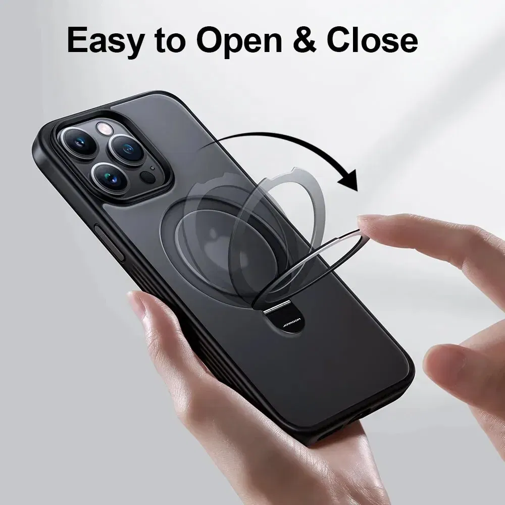 Material: PC, Color: Black - Joyroom Magnetic Case With Holder for iPhone 15 14 13 Pro Max Case Frosted Ring Holder Phone Cover Wireless Charger Magnet Cover