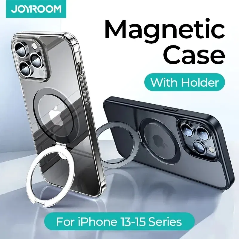 Material: PC, Color: Black - Joyroom Magnetic Case With Holder for iPhone 15 14 13 Pro Max Case Frosted Ring Holder Phone Cover Wireless Charger Magnet Cover