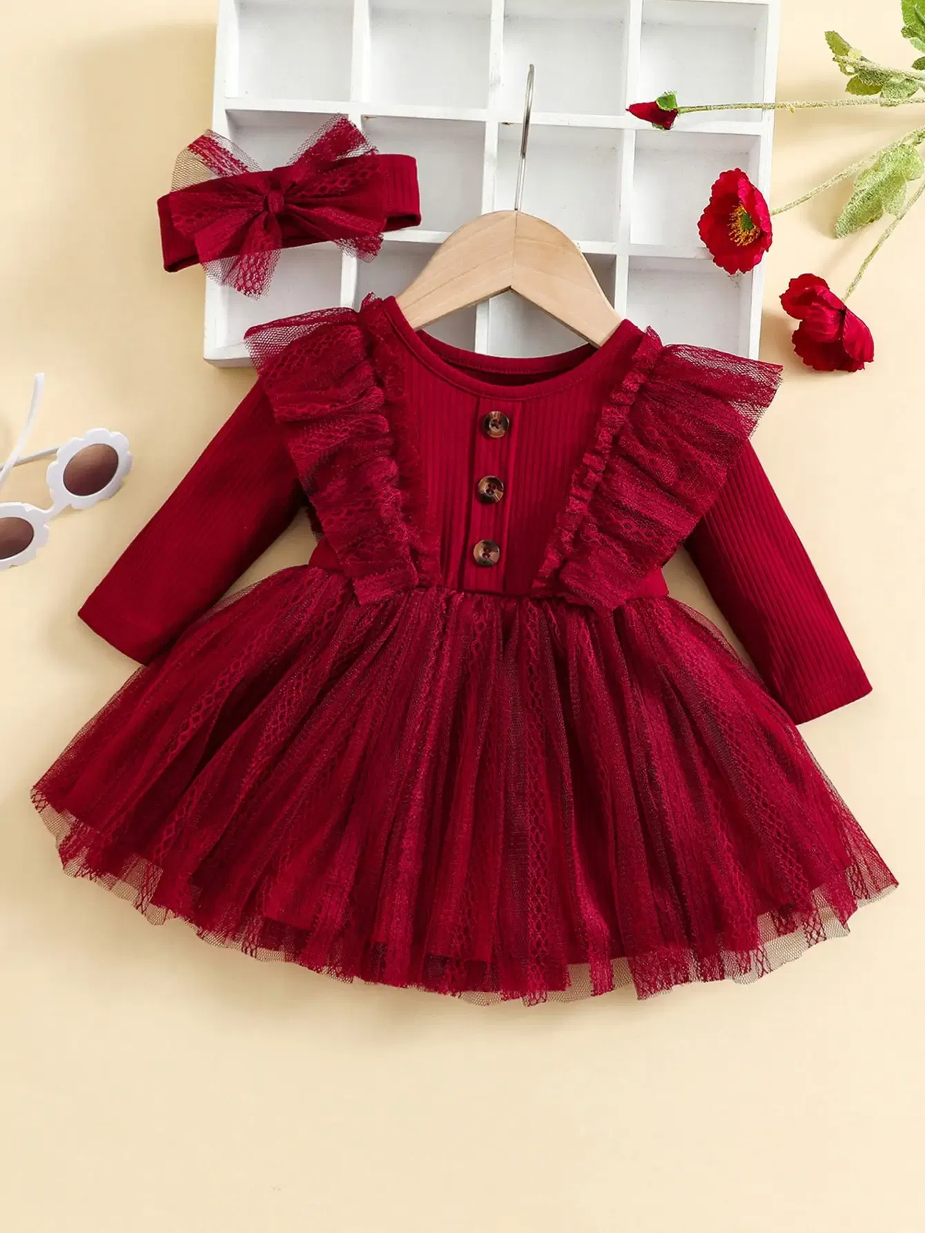 Color: Red, Kid Size: 6M - Two-Piece Baby Girl Romantic Small Flying Sleeve Long Sleeve Ruffled Mesh Dress + Bow Headscarf Spring And Autumn