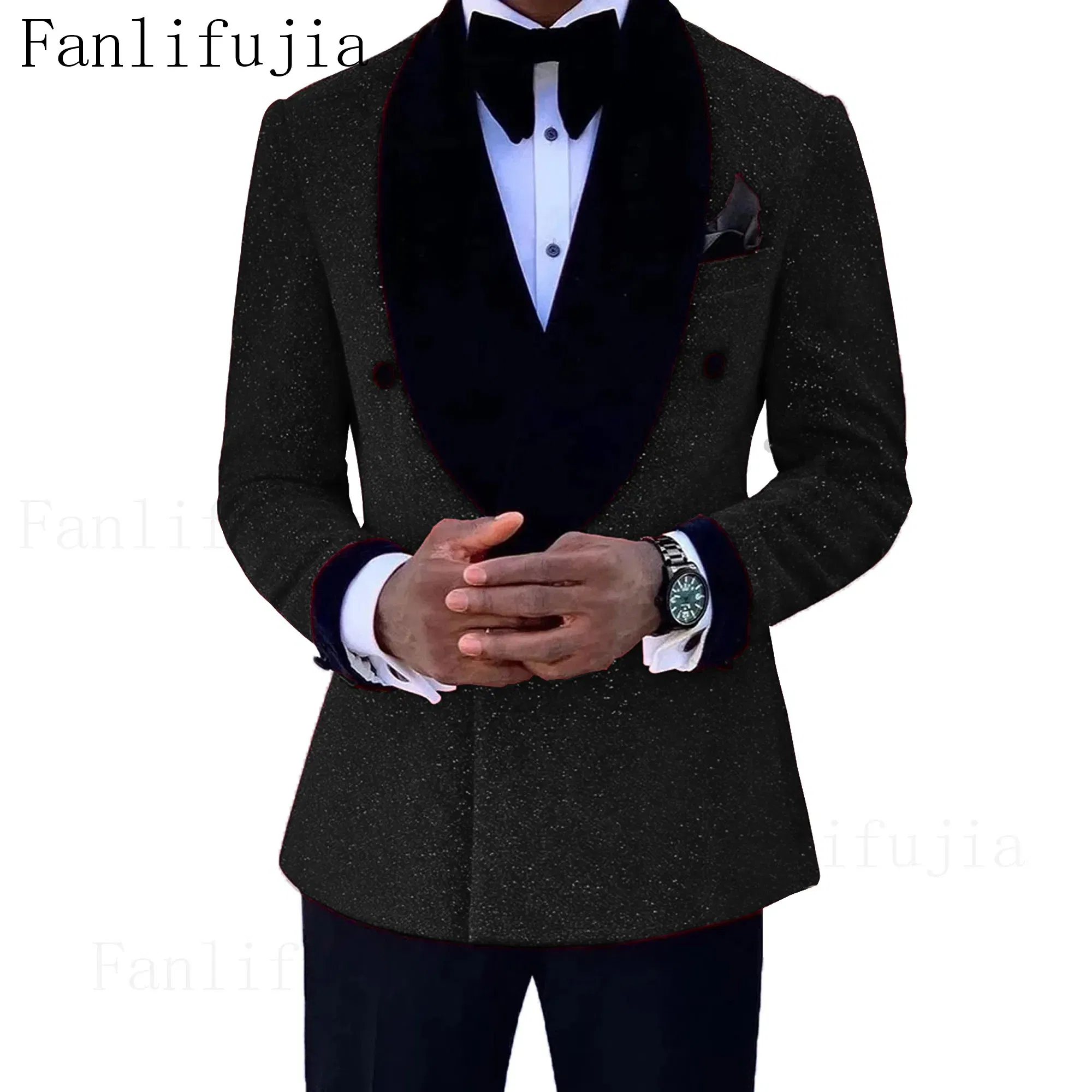 Color: black, Size: S - Fanlifujia Luxury Red Glitter Suits Men Groom Wedding Tuxedo Double Breasted Blazer Formal Evening Party Prom Dress 2 Pieces Set