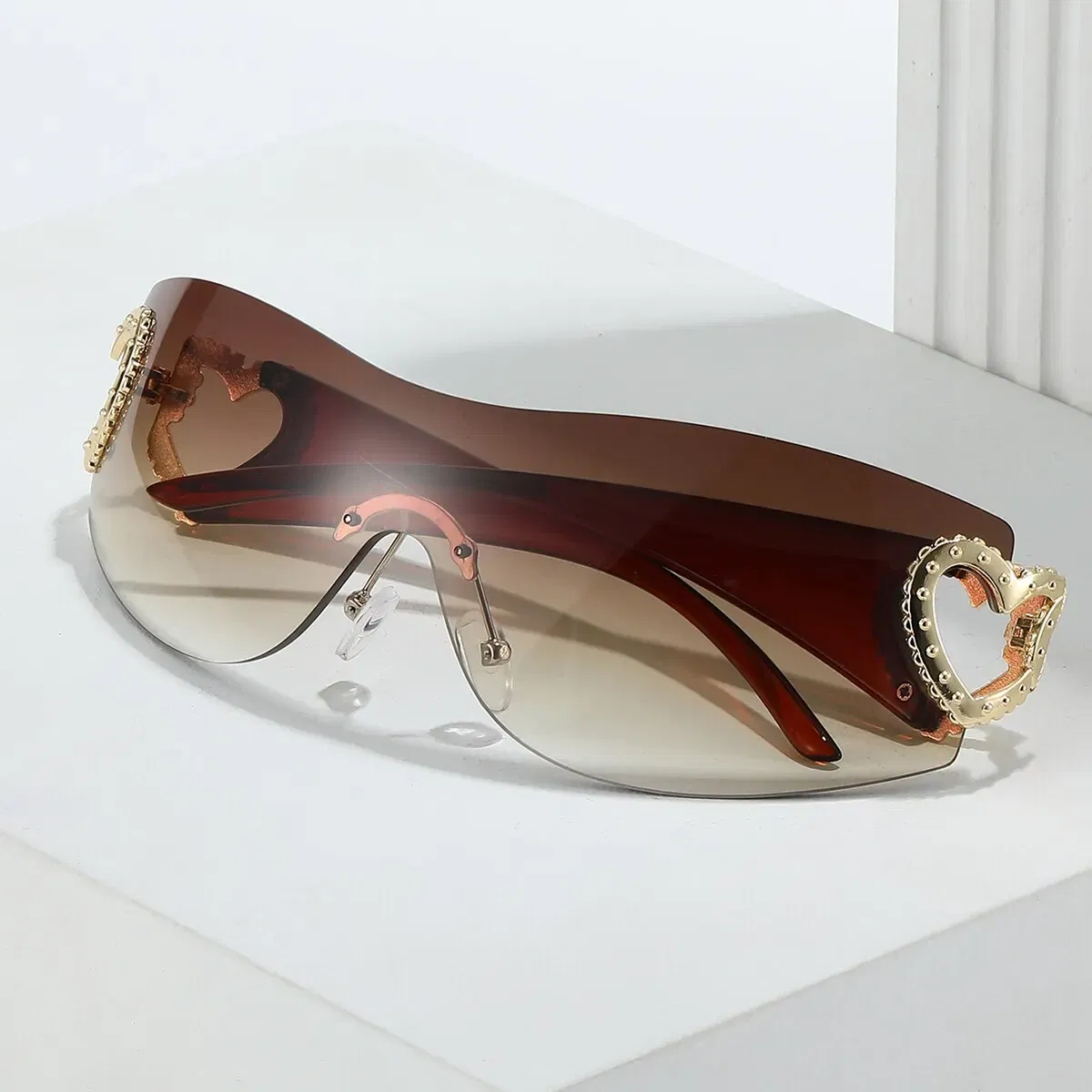 Frame Color: Gold, Lenses Color: Black - Y2K Wrap Around Fashion Sunglasses For Women Men One-piece Gradient Lens Glasses Heart Design Hollow Temple Eyewear UV400