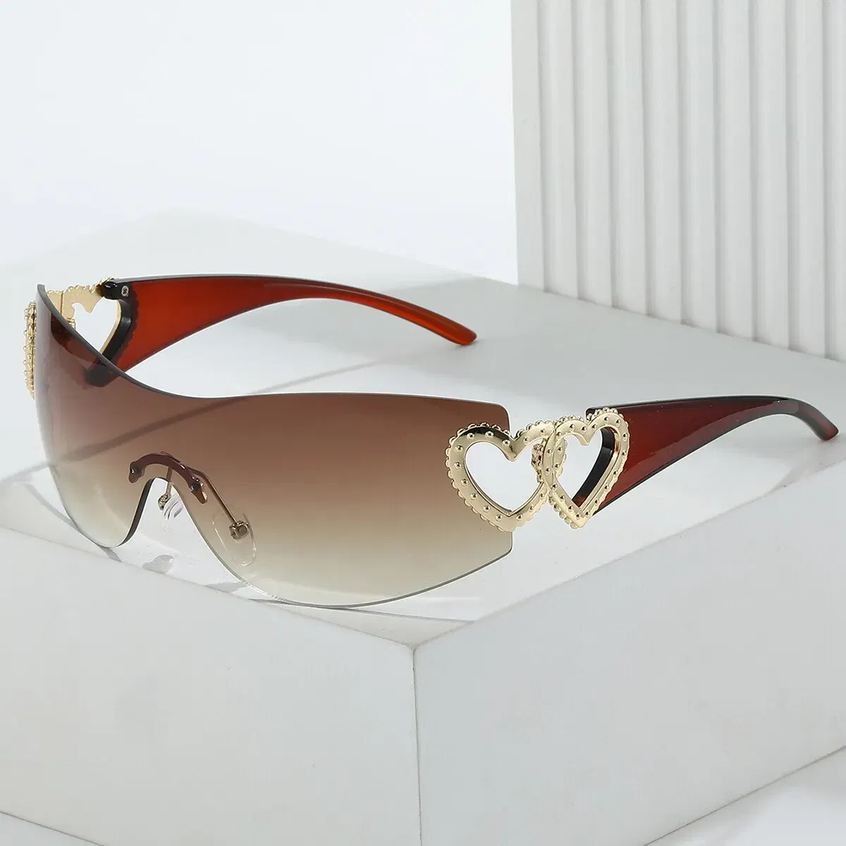 Frame Color: Gold, Lenses Color: Black - Y2K Wrap Around Fashion Sunglasses For Women Men One-piece Gradient Lens Glasses Heart Design Hollow Temple Eyewear UV400