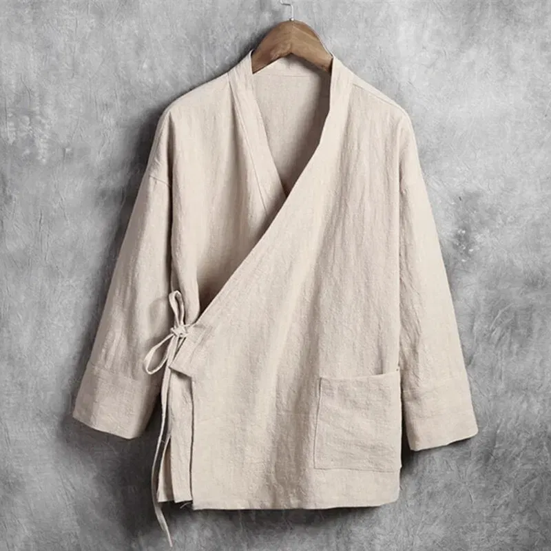 Color: black, Size: M - Plus Size M-6XL Pure Color Men's Tops 2024 New Cotton Linen Oblique Placket Long Sleeve Linen Hanfu chinese Clothing Kimono