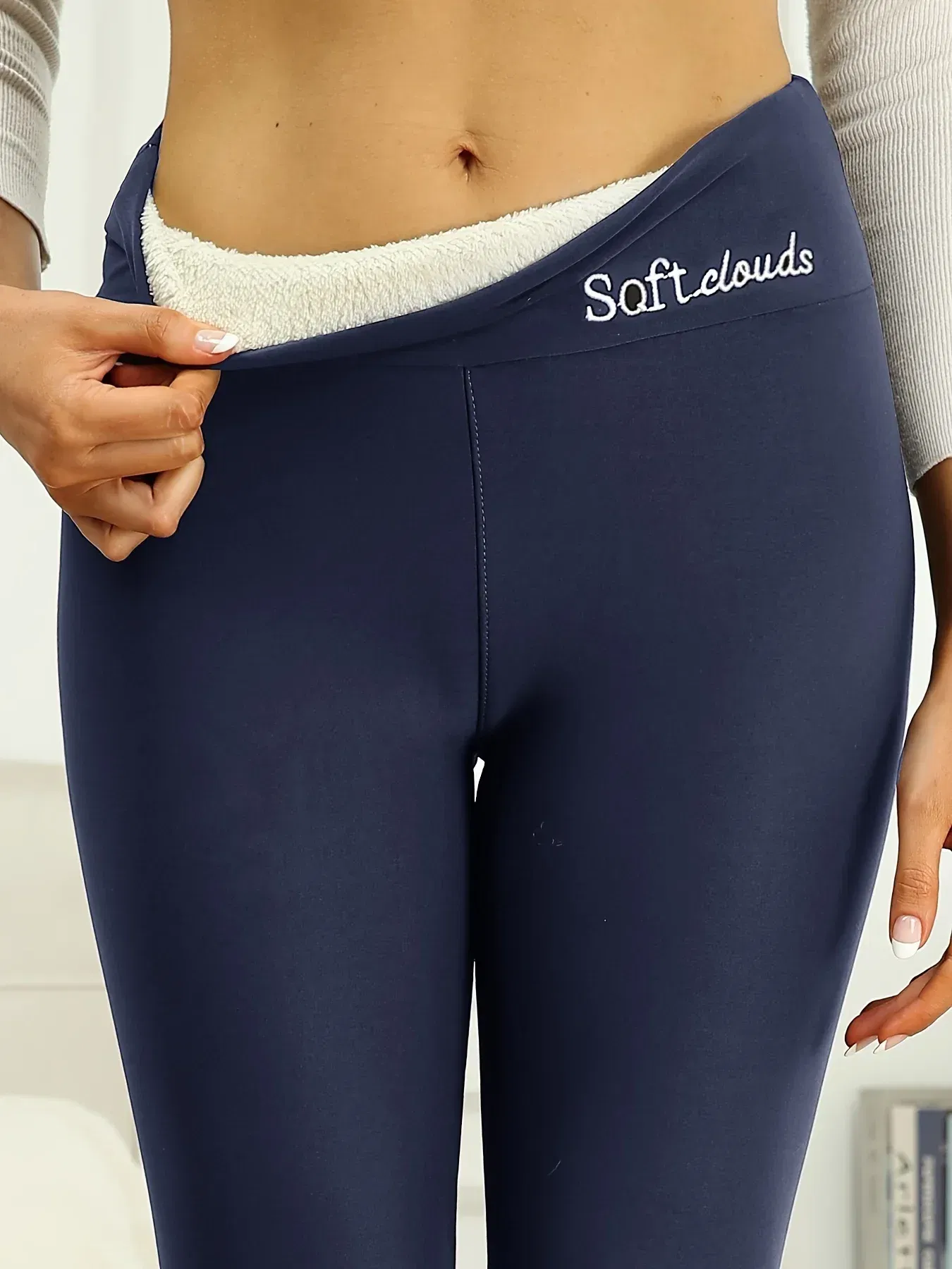 Color: Navy Blue, Size: XXL - Winter Women Warm Leggings Plush Lined Thermal Pants Thickened Letter Embroidery Slim Elastic Tights