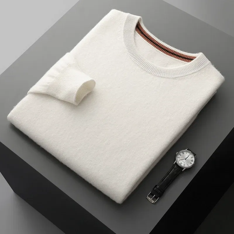 Color: Beige, Size: XL, Ships From: CHINA - Autumn Winter Men's O-Neck Pullover Sweater 100% Cashmere Simple Basic Knitwear Cashmere Solid Color Clothing Casual Warm Tops
