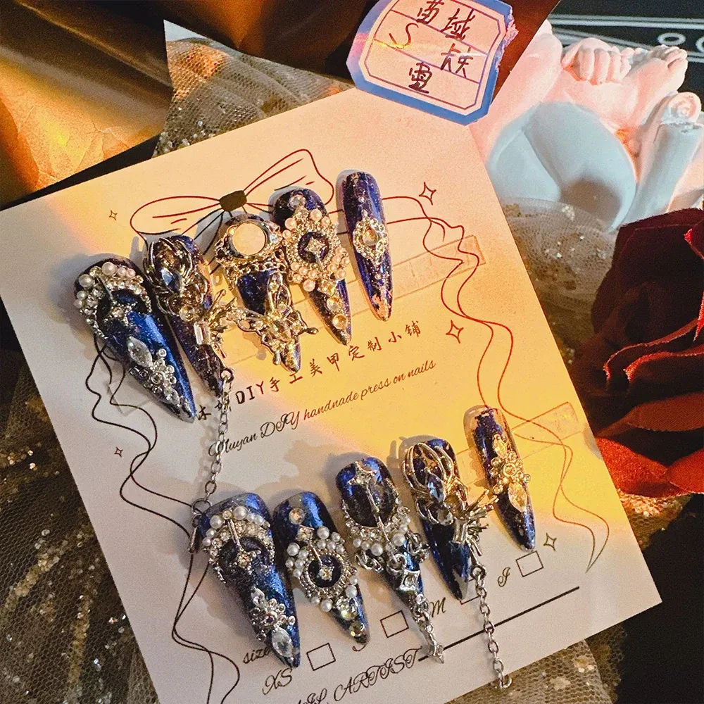 Color: black - 10Pcs High Quality Handmade Press on Nails Heavy Industry Miaojiang Gu Poison Luxury Dark and Niche Spicy Girl Art Accessori