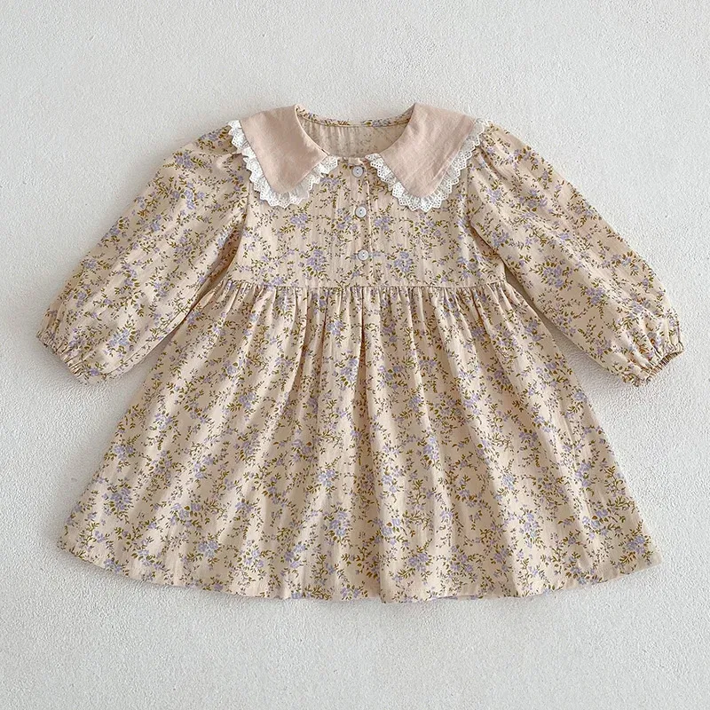 Color: Chocolate, Kid Size: 3T - Sweet Kids Baby Girls Long Sleeve Flower Printing Princess Dress Autumn Baby Girls Doll Collar Dress Children Clothes Dress