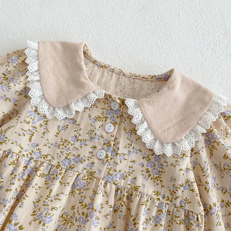 Color: Chocolate, Kid Size: 3T - Sweet Kids Baby Girls Long Sleeve Flower Printing Princess Dress Autumn Baby Girls Doll Collar Dress Children Clothes Dress