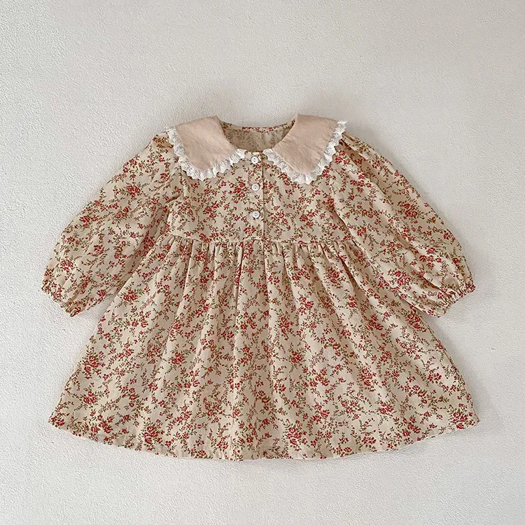 Color: Chocolate, Kid Size: 3T - Sweet Kids Baby Girls Long Sleeve Flower Printing Princess Dress Autumn Baby Girls Doll Collar Dress Children Clothes Dress