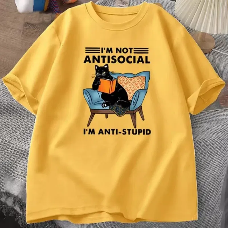Color: Gold, Size: XXXL - funny cat reading book T-Shirts Graphic Tees Cotton Mens Clothing O Neck Meme Short Sleeve Tees Harajuku Fashion Womens Oversize