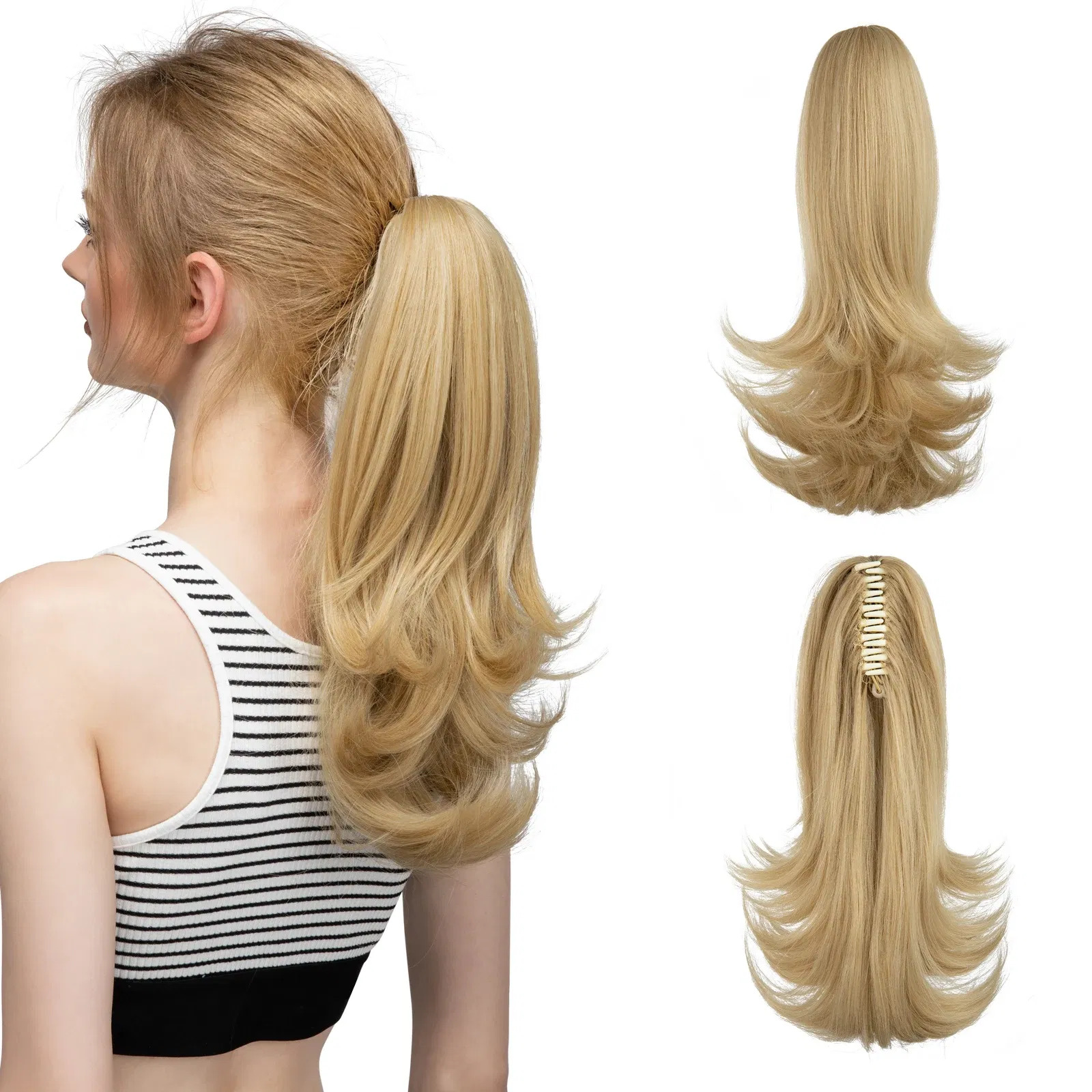 Color: T1B/Red, Stretched Length: 14inches - Synthetic Claw Clip In Ponytail Hair Extensions 14 Inch Wavy Hairpiece Fake Blonde Black Hair False Pigtail With Elastic Band