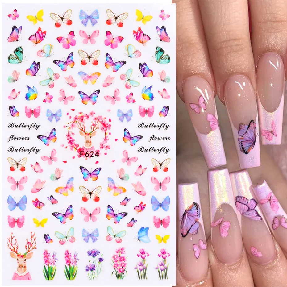Color: black - 3D Blue Butterfly Adhesive Stickers Nail Art Decoration Laser Flowers Leaves Nail Sticker Nail Art Supplies Nail Parts