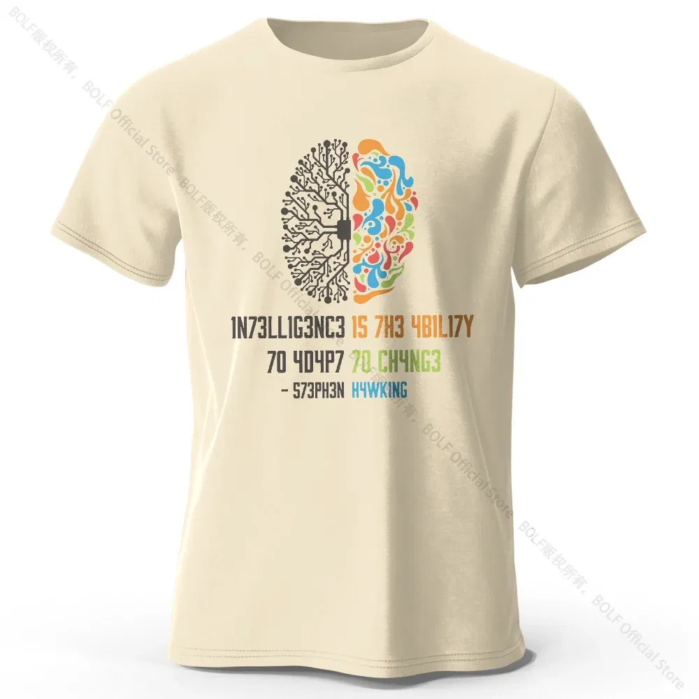 Color: Beige, Size: XXL - Funny Brain Power Printed 100% Cotton T-Shirt, Soft & Breathable Round Neck Short Sleeve Tee, Unisex Quirky Style