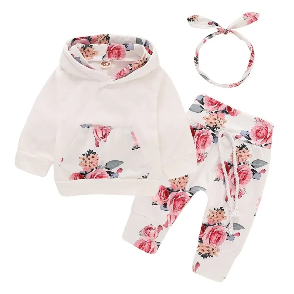 Color: WHITE, Kid Size: 6M - 0-18 Months Toddler Baby Girl 3PCS Hooded Clothes Set Flowers Print Long Sleeve Top+Pant+Bowknot Headband Fashion Autumn Outfit
