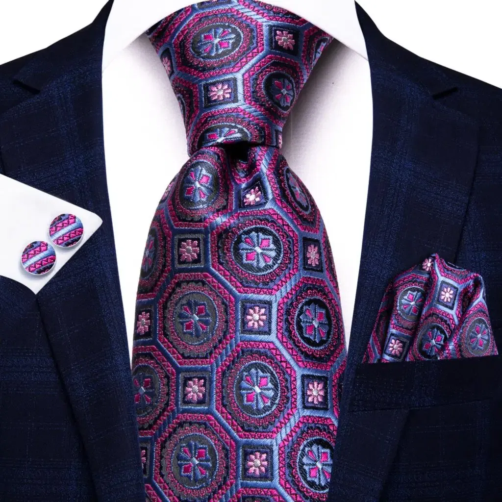 Color: Brown - Hi-Tie Purple Paisley Silk Elegent Tie for Men Novelty Design Handky cufflink Tie Set Party Business Wedding Dropshipping