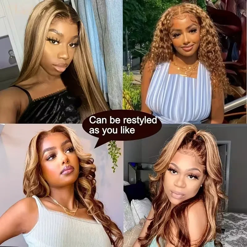 Stretched Length: 16inches, Density: 200% - 13x6 Highlight Brazilian 4/27 Brown Blonde Color Lace Wigs Kinky Straight Transparent Lace Front Human Hair Wig For Women