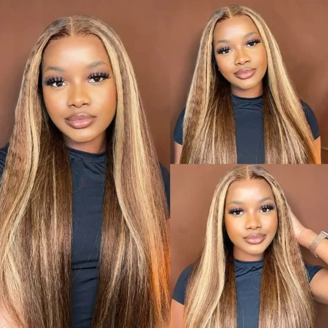 Stretched Length: 16inches, Density: 200% - 13x6 Highlight Brazilian 4/27 Brown Blonde Color Lace Wigs Kinky Straight Transparent Lace Front Human Hair Wig For Women