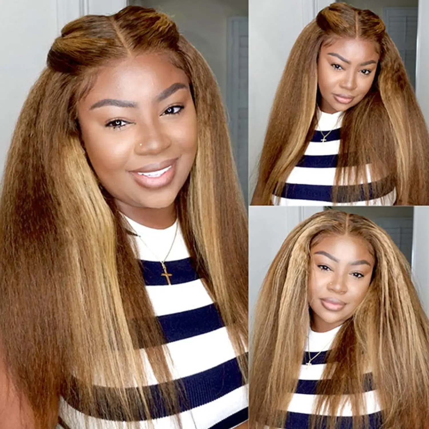 Stretched Length: 16inches, Density: 200% - 13x6 Highlight Brazilian 4/27 Brown Blonde Color Lace Wigs Kinky Straight Transparent Lace Front Human Hair Wig For Women