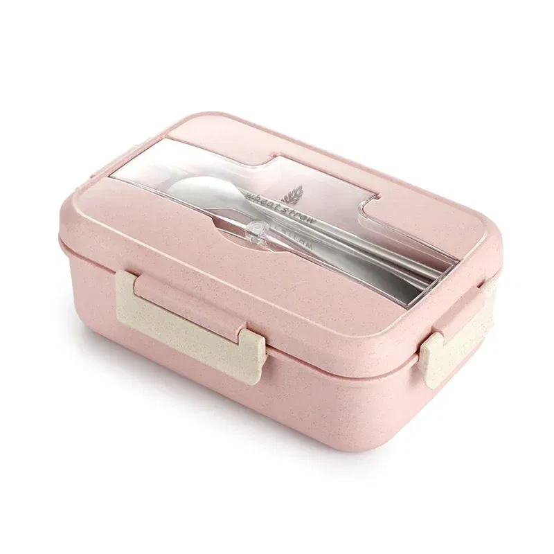 Color: Pink, Ships From: CHINA - Microwave Lunch Box Wheat Straw Dinnerware with Spoon Chopsticks Food Storage Container Children Kids School Office Bento Box