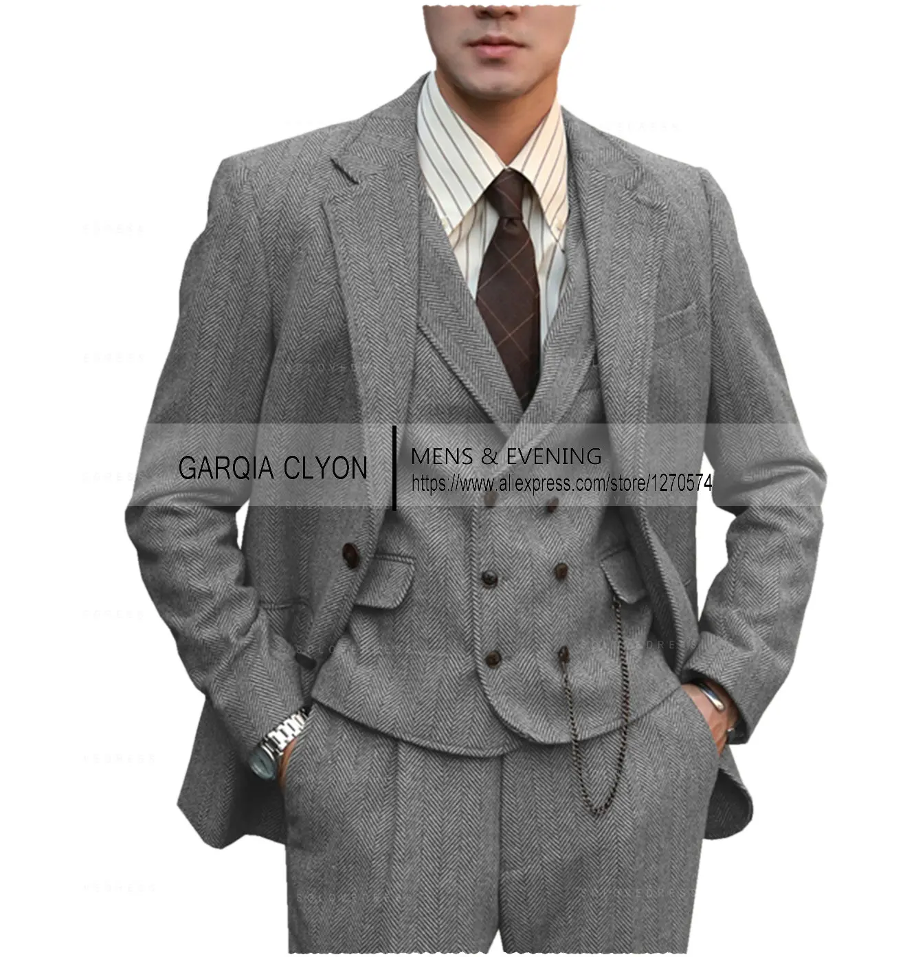 Color: Khaki, Size: XXL - Tweed Herringbone 3 Pieces Herringbone Men's Business Suits Single Breasted Slim Fit Groom Formal Suits?€Blazer+vest+Pants?‰