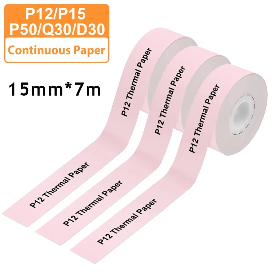 Color: M - 3pcs 15mm x7m Continuous Label Paper fit for P12 P15 Phomemo D30 Q30 Printer Waterproof Self Adhesive Thermal Printer Sticker