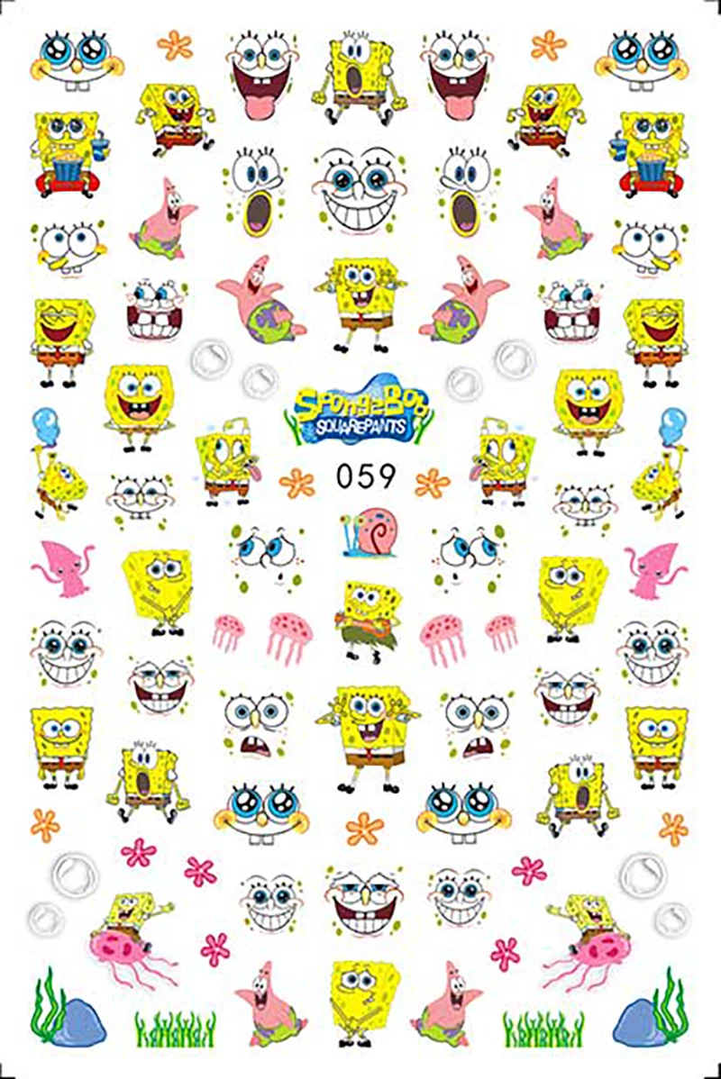 Color: Burgundy - 1PCS Miniso Spongebob Cartoon Nail Stickers Nail Art Decoration Cute Hello Kitty Stitch Nail Art Stickers Nail Art Supplies