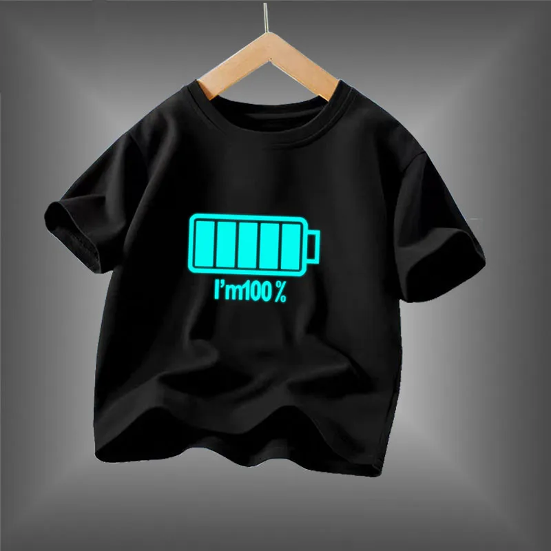 Kid Size: 12T, Color: Black - 2024 New Boys Luminous Battery T Shirts Summer Short Sleeve Children's Clothes Kids Glow In Dark Tees