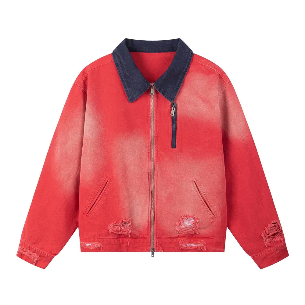 Color: Red, Size: L - Color Block Cargo Jacket Mens Ripped Spring Retro High Street Loose Lapel Long Sleeve Outerwear Men
